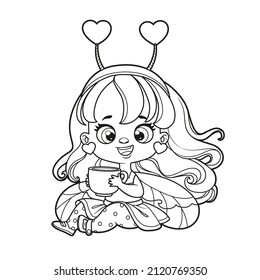 Cute cartoon little fairy in headband with hearts outlined for coloring on white background