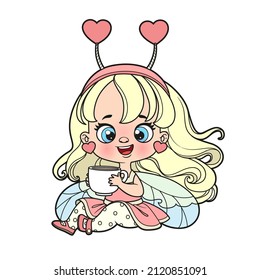 Cute cartoon little fairy in headband with hearts color variation for coloring on white background