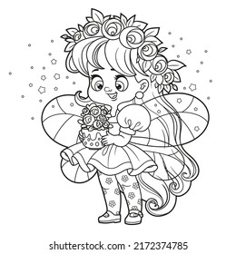 Cute cartoon little fairy holding a flower pot outlined for coloring on white background