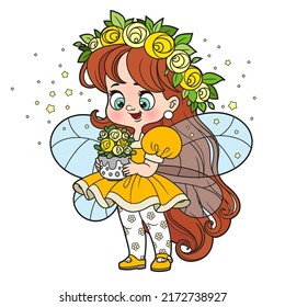 Cute cartoon little fairy holding a flower pot color variation for coloring page isolated on white background