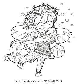 Cute cartoon little fairy hugging a big book outlined for coloring on white background