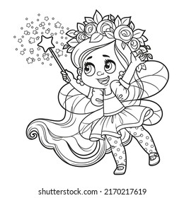 Cute cartoon little fairy in a jump outlined for coloring on white background