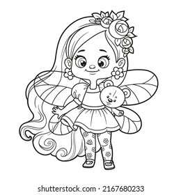 Cute cartoon little fairy with long hair holding a teddy bear outlined for coloring on white background