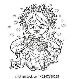 Cute cartoon little fairy with long hair holding a wreath outlined for coloring on white background