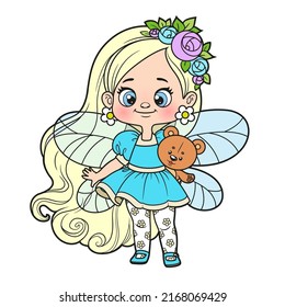 Cute cartoon little fairy with long hair holding a teddy bear color variation for coloring page isolated on white background