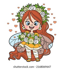 Cute cartoon little fairy with long hair holding a wreath color variation for coloring page isolated on a white background