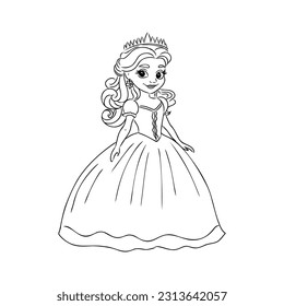 Cute cartoon little fairy with long hair outlined for coloring on white background