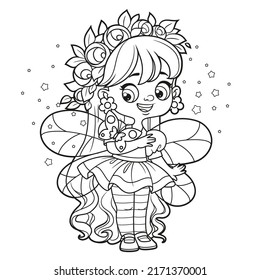 Cute cartoon little fairy looking at a butterfly outlined for coloring on white background