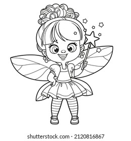 Cute cartoon little fairy with a magic wand outlined for coloring on white background