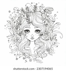 Cute cartoon little fairy pattern with flowers, leaves. Line art magic vector background.  Black and white coloring book backdrop. little young beautiful girl with big eyes and freckles. Doll. Element