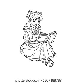 Cute cartoon little fairy reading book for coloring on white background