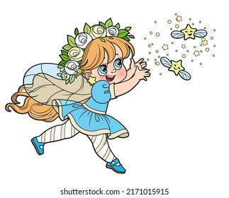 Cute cartoon little fairy running chasing the stars color variation for coloring page isolated on white background