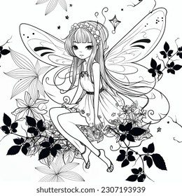 Cute cartoon little fairy seamless pattern with flowers, leaves. Line art magic vector background. Repeat black and white coloring book backdrop. little young beautiful girl with wings.