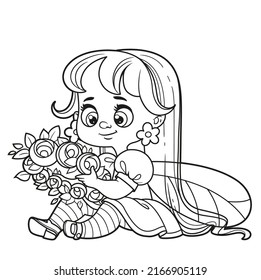 Cute cartoon little fairy sits the floor   weaves wreath outlined for coloring white background