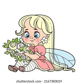 Cute cartoon little fairy sits the floor   weaves wreath color variation for coloring page isolated white background