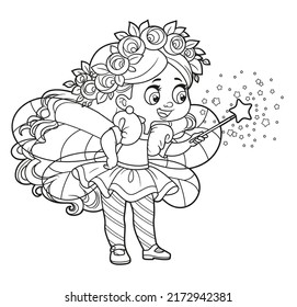 Cute cartoon little fairy with a wreath on head and curly long hair conjures magic wand outlined for coloring on white background