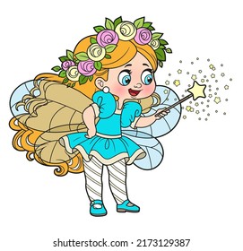 Cute cartoon little fairy with a wreath on head and curly long hair conjures magic wand color variation for coloring page isolated on white background