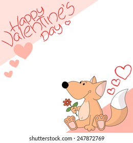 Cute cartoon little fox kid sitting and holding a flower under 'Happy Valentine's Day' lettering. Valentine's Day illustration or postcard template.