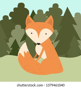 Cute cartoon little fox sits on the grass near a forest of trees and firs. Hand-drawn vector. Suitable for children's posters, cards.