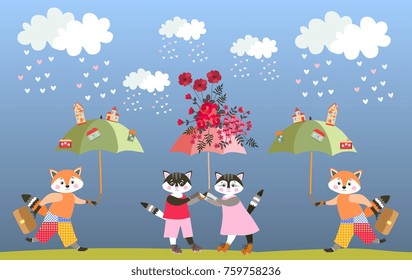 Cute cartoon little foxes and kittens with fairy umbrellas. Greeting card for child. Vector summer design. Endless border.