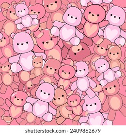 Cute cartoon little funny teddy bears toys seamless pattern. Kawaii style. Vector illustration t-shirt print