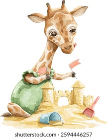 Bonito desenho animado pequeno personagem de girafa animal em roupa de banho constrói um castelo de areia na praia isolado em fundo branco. Aquarela desenhada à mão ilustração esboço vetor