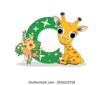 Cute Cartoon little giraffe with letter C. Perfect for greeting cards, party invitations, posters, stickers, pin, scrapbooking, icons.