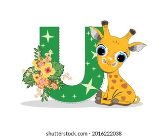 Cute Cartoon little giraffe with letter U. Perfect for greeting cards, party invitations, posters, stickers, pin, scrapbooking, icons.