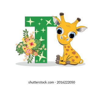 Cute Cartoon little giraffe with letter T. Perfect for greeting cards, party invitations, posters, stickers, pin, scrapbooking, icons.