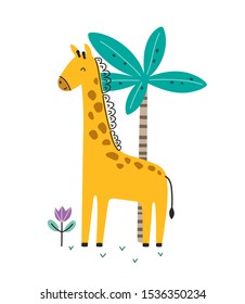 Cute cartoon little giraffe. Scandinavian style flat design. Concept for children print. Isolated object. African animal wildlife. Vector.