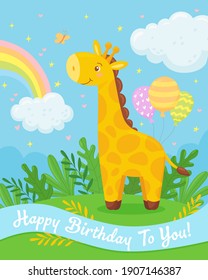 Cute cartoon little giraffe with tropical leaves, rainbow, clouds, balloons for birthday card template. Vector illustration 