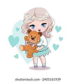 Cute cartoon little girl  in anime style with funny bear toy. Kawaii style. Vector illustration t-shirt print