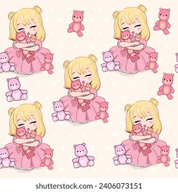 Cute cartoon little girl  in anime style with funny reddy bears toys seamless pattern. Kawaii style. Vector illustration t-shirt print