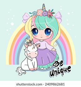 Cute cartoon little girl in anime style with unicorn and rainbow. Vector illustration chibi fairy girl for children t-shirt print