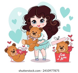 Cute cartoon little girl in anime style with funny teddy bear toys. Kawaii style. Vector illustration t-shirt print. Big eyes. Valentines and birthday greeting card