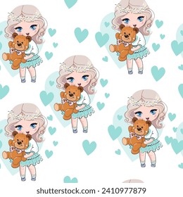 Cute cartoon little girl  in anime style with funny bear toys seamless pattern. Kawaii style. Vector illustration t-shirt print