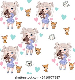 Cute cartoon little girl  in anime style with funny dogs seamless pattern. Kawaii style. Vector illustration t-shirt print