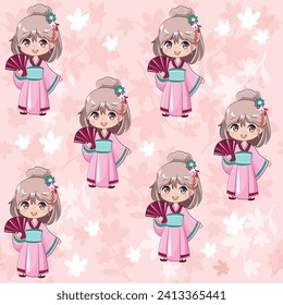 Cute cartoon little girl in anime style wearing a pink kimono on a pink background seamless pattern. Vector illustration design print for t-shirt