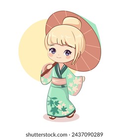 Cute cartoon little girl in anime style wearing a mentol kimono. Vector illustration design print for t-shirt on a white background isolated