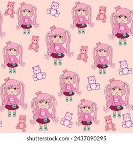 Cute cartoon little girl  in anime style with funny teddy bear toys seamless pattern on a pink background. Kawaii style. Vector illustration t-shirt print. Funny print Chibi little girl