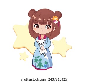 Cute cartoon little girl in anime style with kitty on a white background. Vector illustration design print for t-shirt