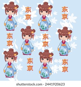 Cute cartoon little girl in anime style wearing a blue kimono seamless pattern. Tokyo inscription in Chinese. Vector illustration design print for t-shirt on a white background isolated