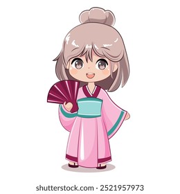 Cute cartoon little girl in anime style wearing a pink kimono. Vector illustration design print for t-shirt on a white background isolated