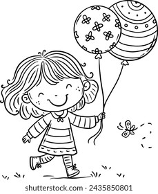 Cute cartoon little girl with balloons walking outdoors. Coloring book page for kids. Outline vector illustration