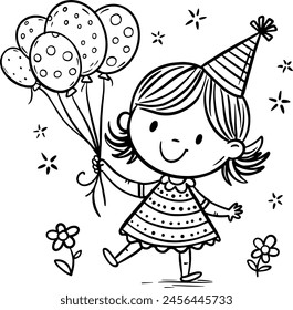 Cute cartoon little girl in a birthday cap walking outdoors with balloons, kids birthday clipart outline illustration