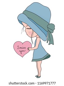 Cute Cartoon little girl in blue hat and dress holding heart with text I miss you, simple flat sweet vector illustration, vintage style