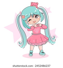 Linda niña de dibujos animados con el pelo azul y juguetes divertidos del oso de peluche en estilo anime. Estilo Kawaii. Estampado de camiseta de Ilustración vectorial. Chica manga de Chibi