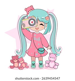 Cute cartoon little girl with camera and funny teddy bear toys in anime style. Kawaii style. Vector illustration t-shirt print. Chibi manga little girl