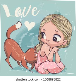 cute cartoon little girl with cat