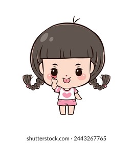 Cute cartoon little girl character, Act of pulling down one lower eyelid and sticking out the tongue, Flat design style